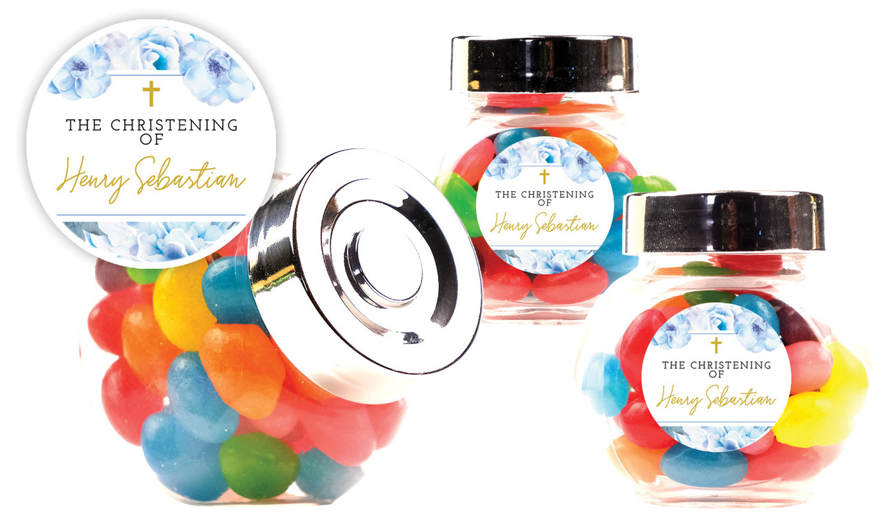Floral Bed Christening Personalised Mini Candy Jar With Multicoloured Jelly Beans