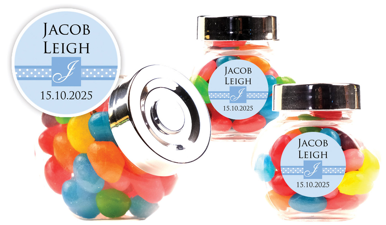 Initial Blue Christening Personalised Mini Candy Jar With Multicoloured Jelly Beans