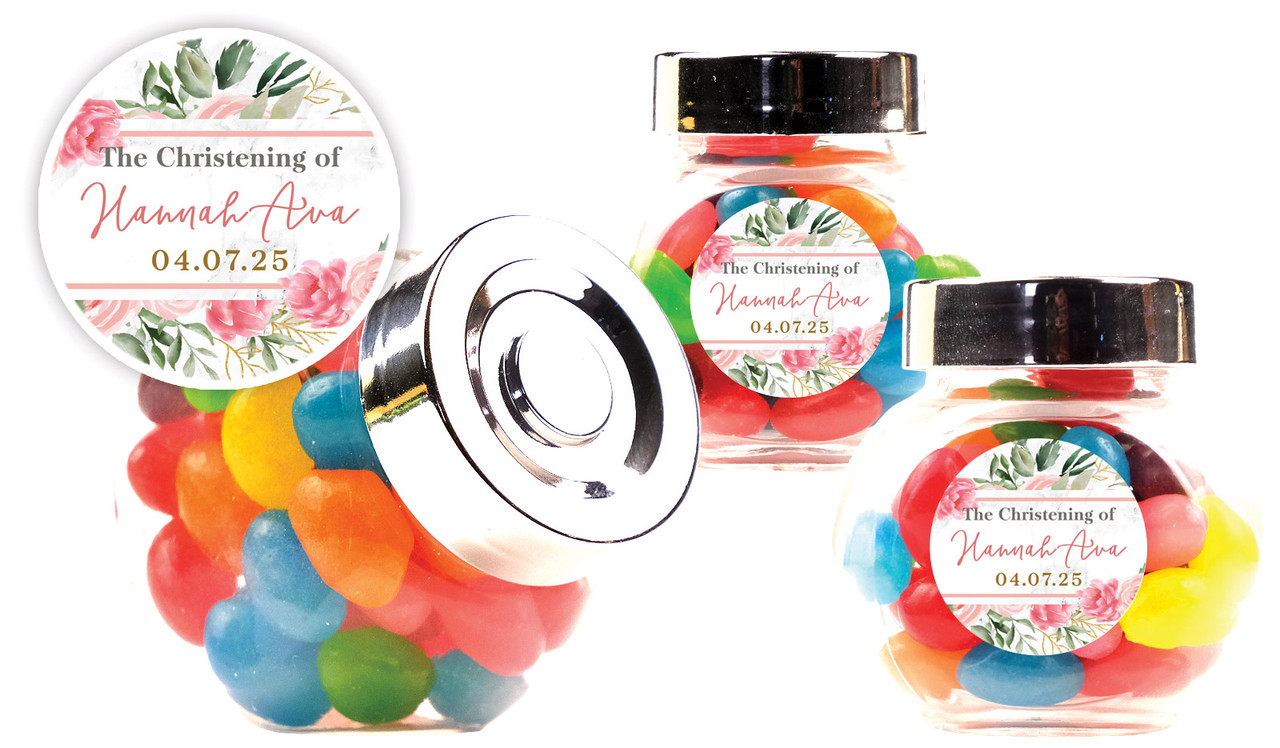 Magnificent Floral Christening Personalised Mini Candy Jar With Multicoloured Jelly Beans