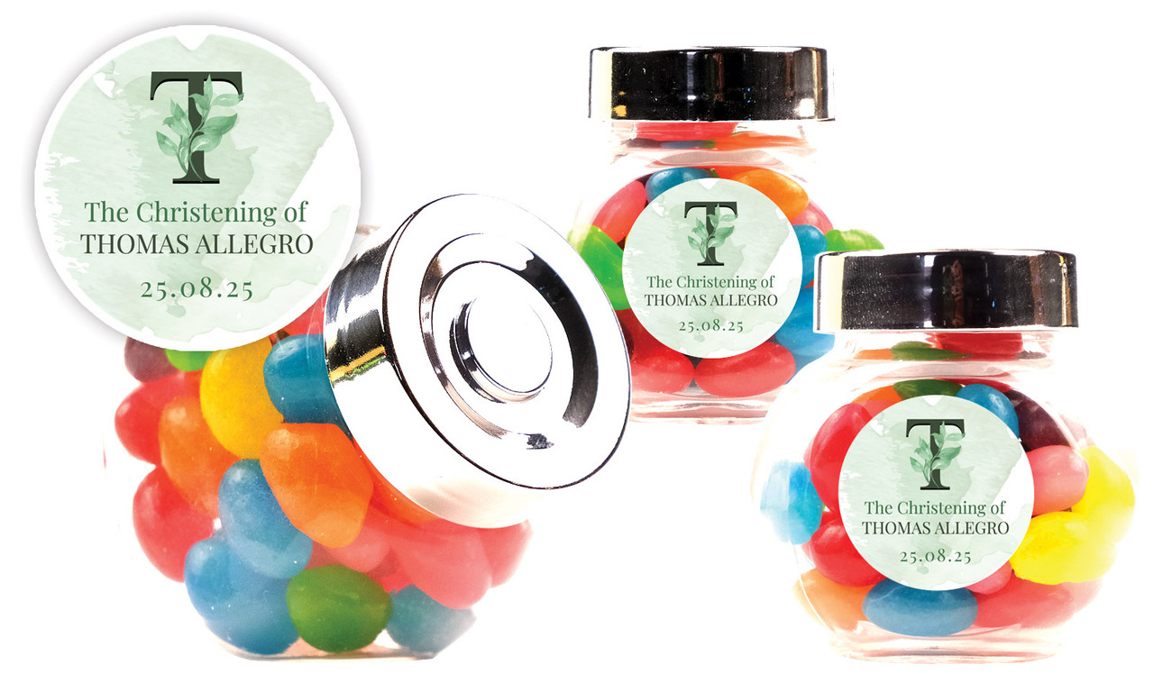 Monogram Green Christening Personalised Mini Candy Jar With Multicoloured Jelly Beans