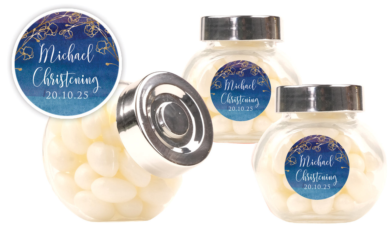 Navy Gold Photo Christening Personalised Mini Candy Jar