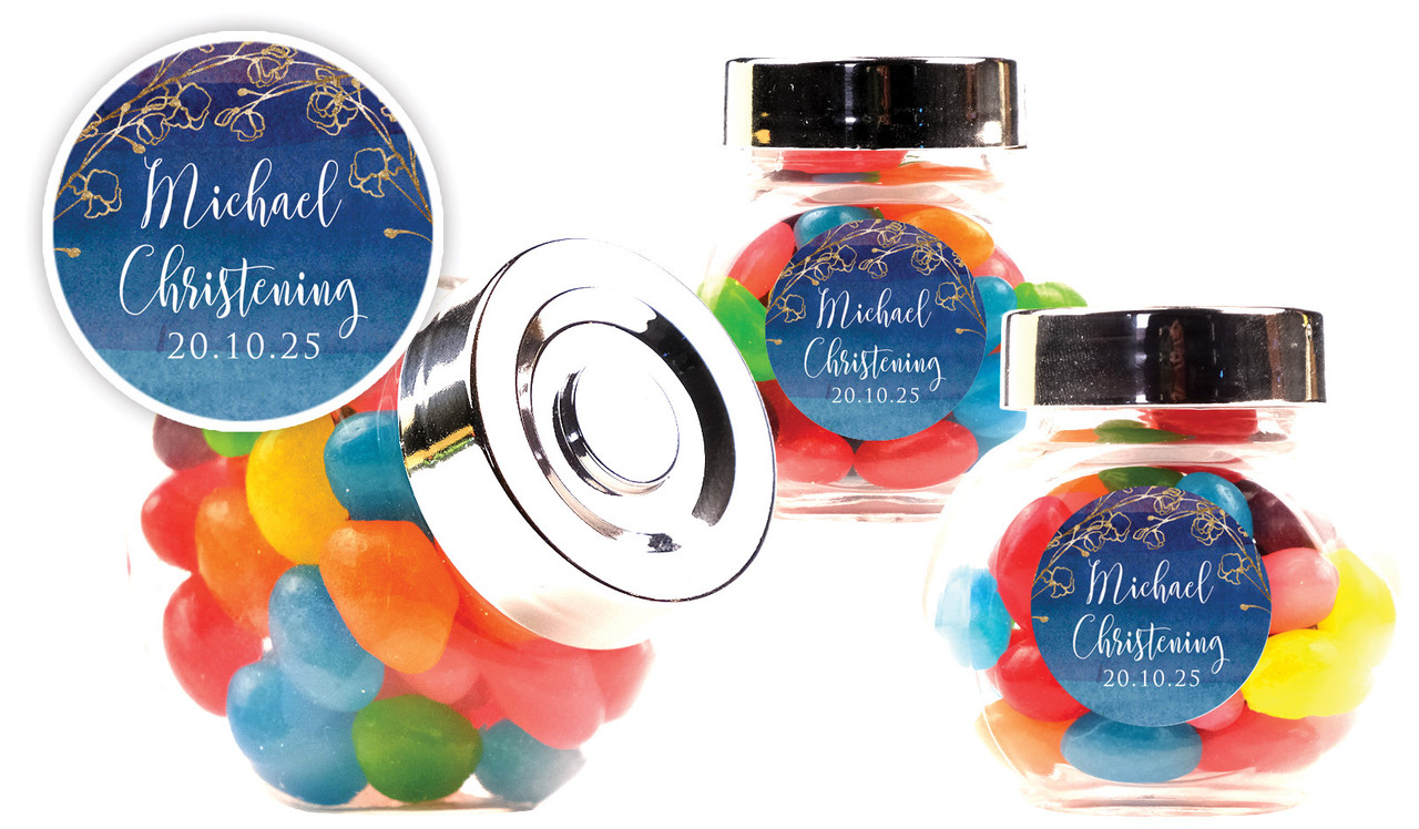Navy Gold Photo Christening Personalised Mini Candy Jar With Multicoloured Jelly Beans