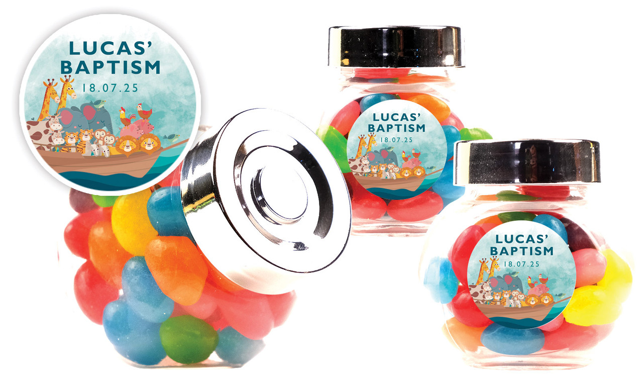Noahs Ark Christening Personalised Mini Candy Jar With Multicoloured Jelly Beans