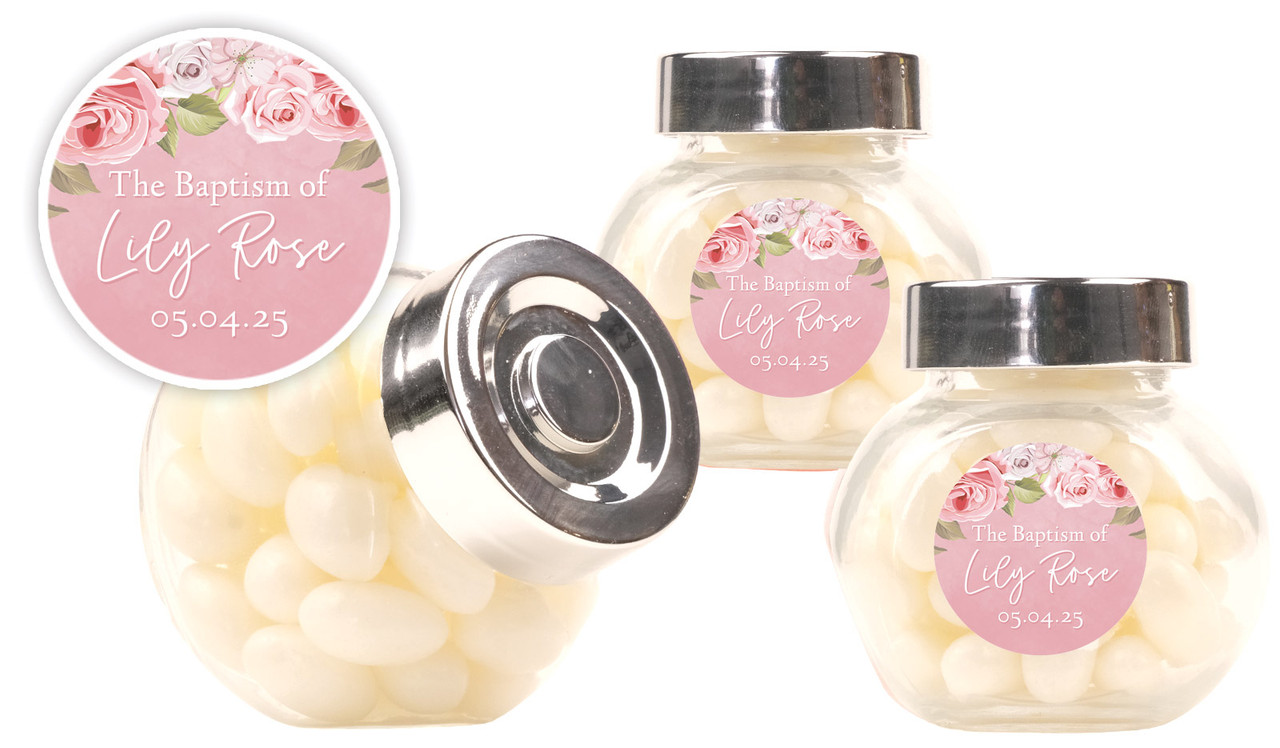 Pink Roses Photo Christening Personalised Mini Candy Jar