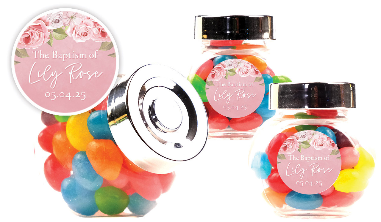 Pink Roses Photo Christening Personalised Mini Candy Jar With Multicoloured Jelly Beans