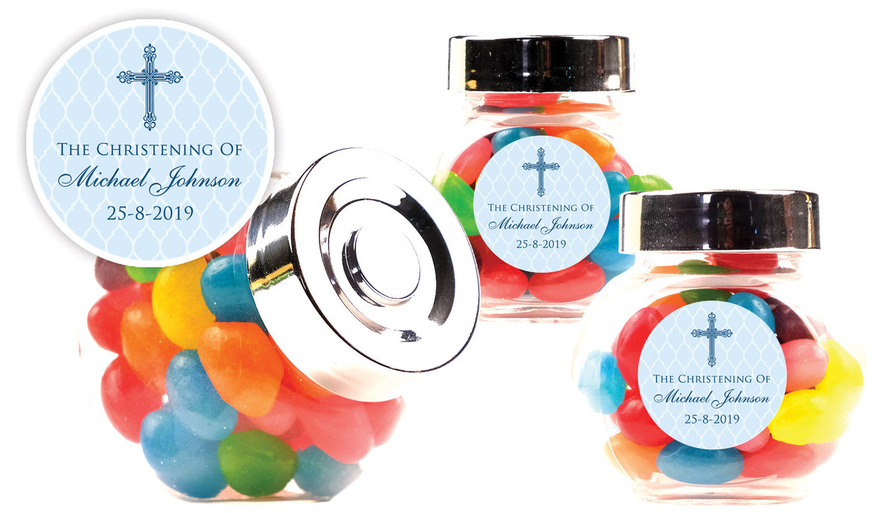 Religious Blue Christening Personalised Mini Candy Jar With Multicoloured Jelly Beans