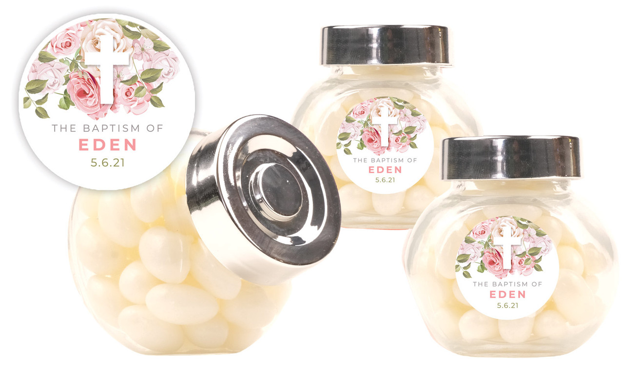 Roses Cross Christening Personalised Mini Candy Jar