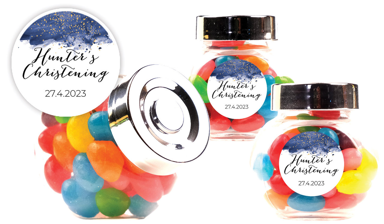 Watercolour Confetti Christening Personalised Mini Candy Jar With Multicoloured Jelly Beans