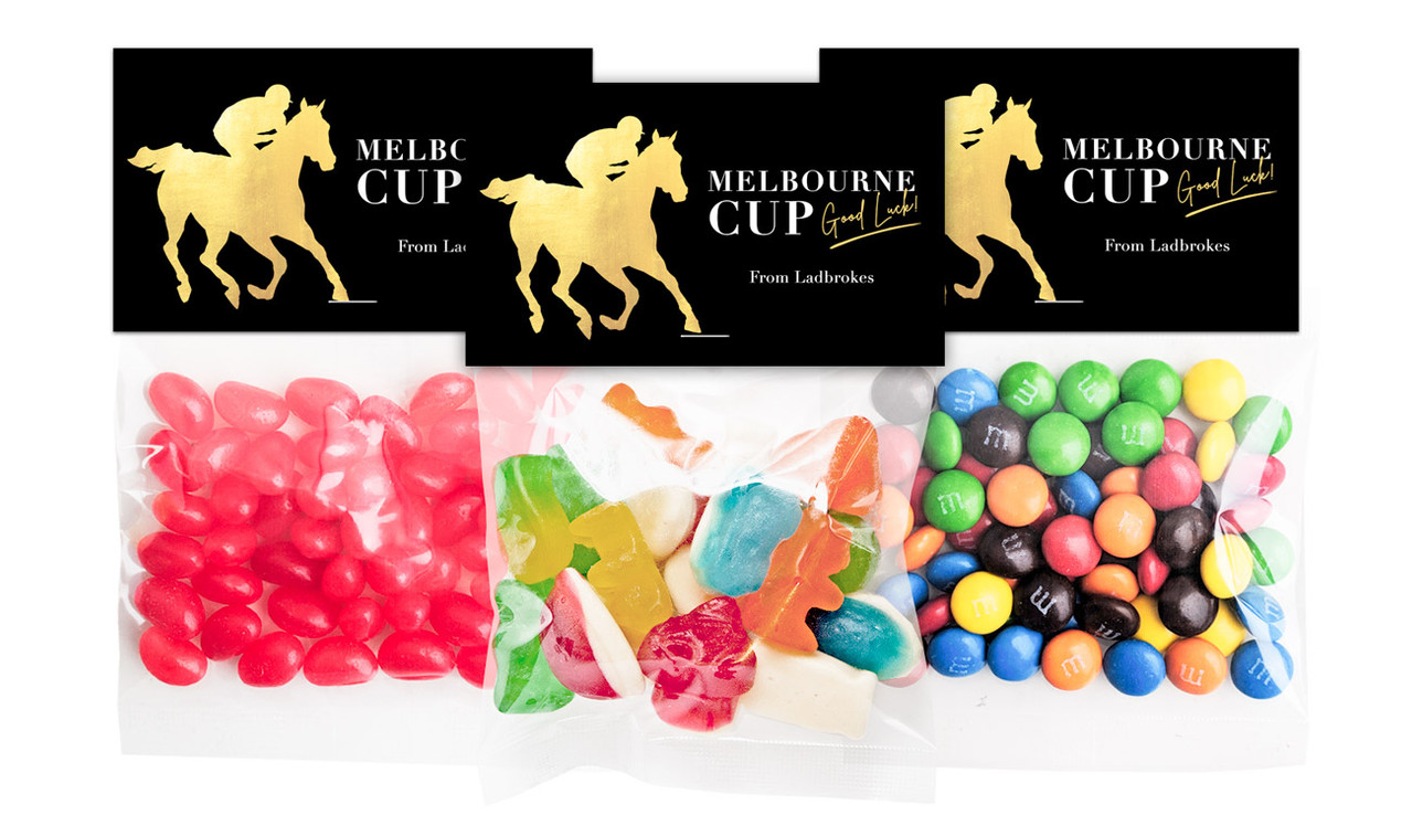 Gold Trip Melbourne Cup Horse Racing Lolly Bags With Custom Topper