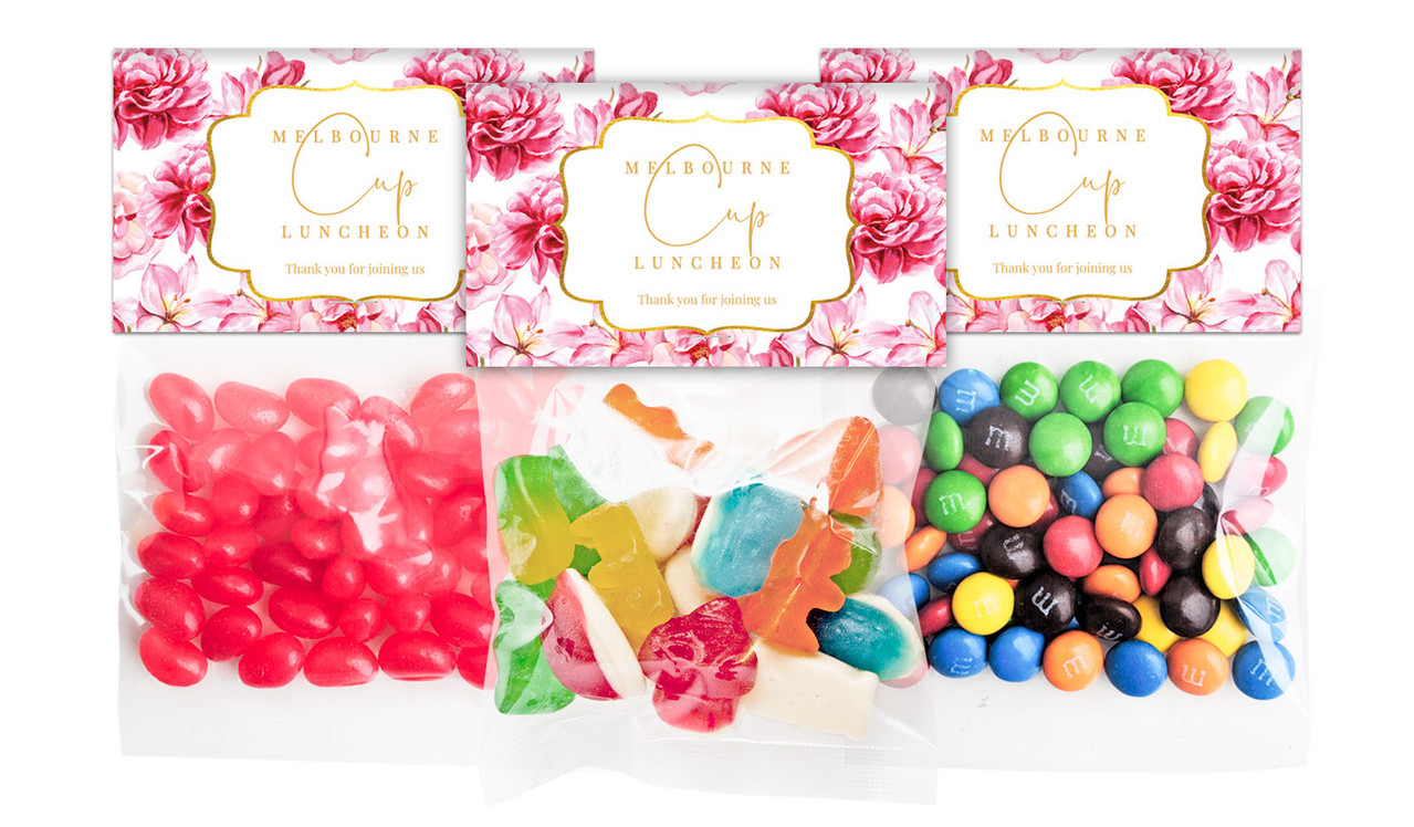 Pink Flowers Melbourne Cup Horse Racing Lolly Bags With Custom Topper