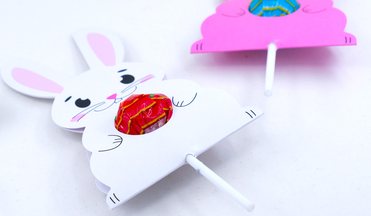 Perspective view of Easter Bunny Chupa Chups In Personalised Pop Holder
