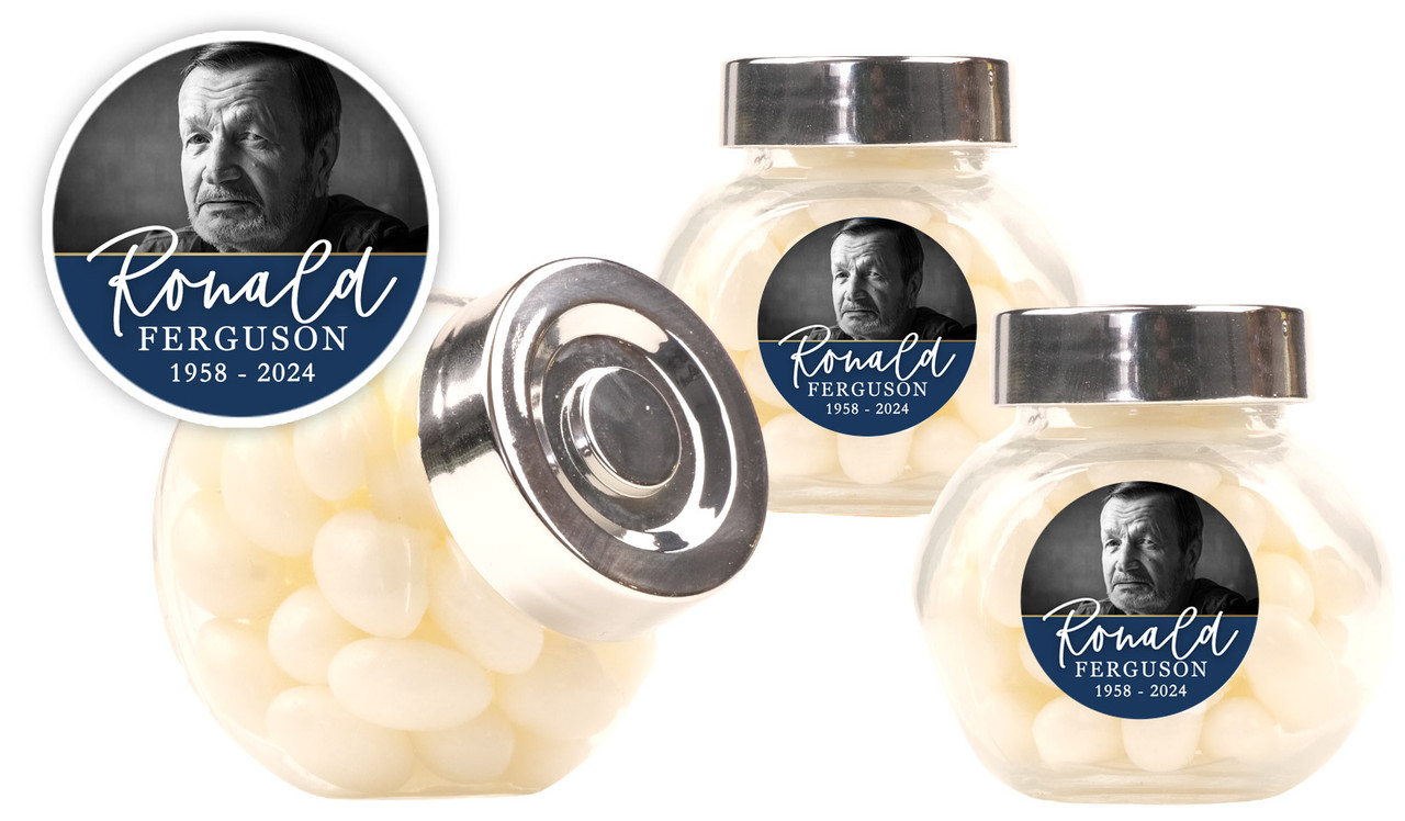 Cursive Blue Funeral Custom Mini Candy Jar