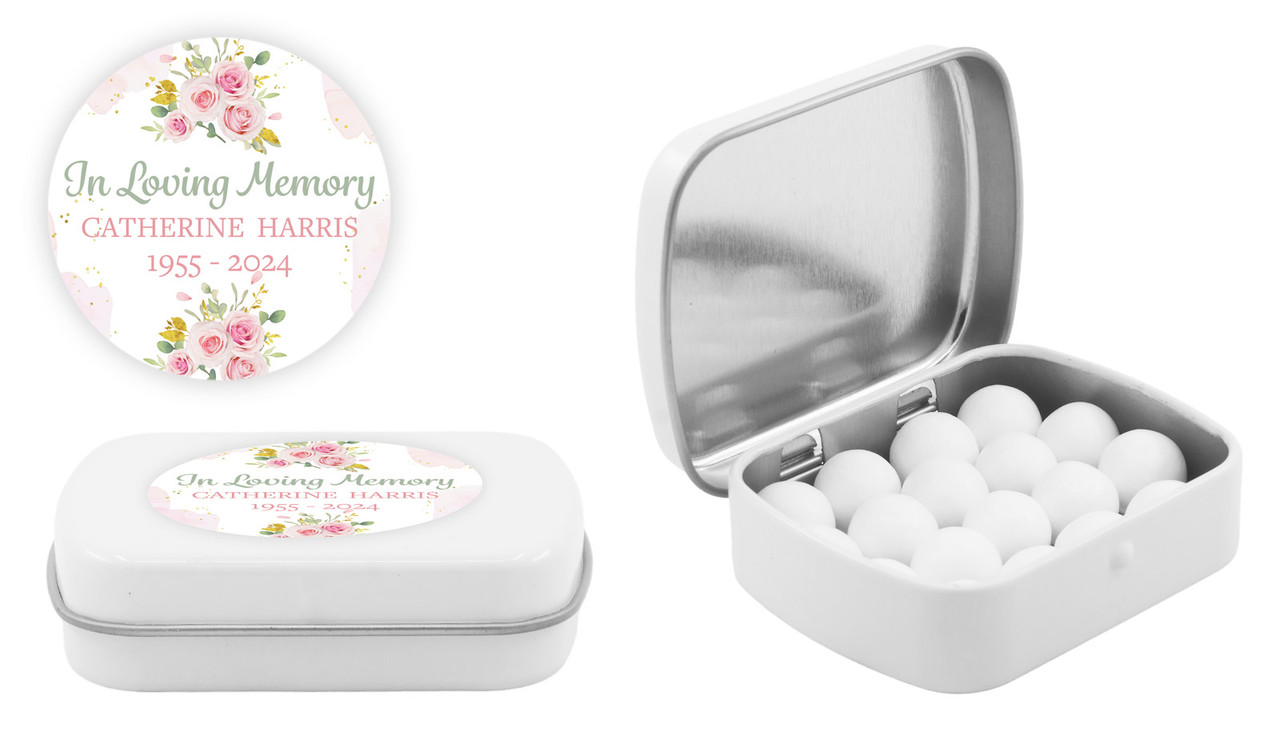 Pink Floral Funeral Personalised Mint Tins