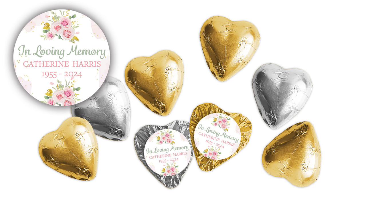 Pink Floral Funeral Custom Foil Chocolate Hearts