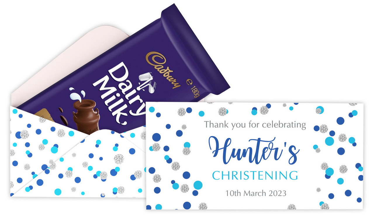 Confetti In Blue & Silver Custom Christening Cadbury Bar Box (Box Only)
