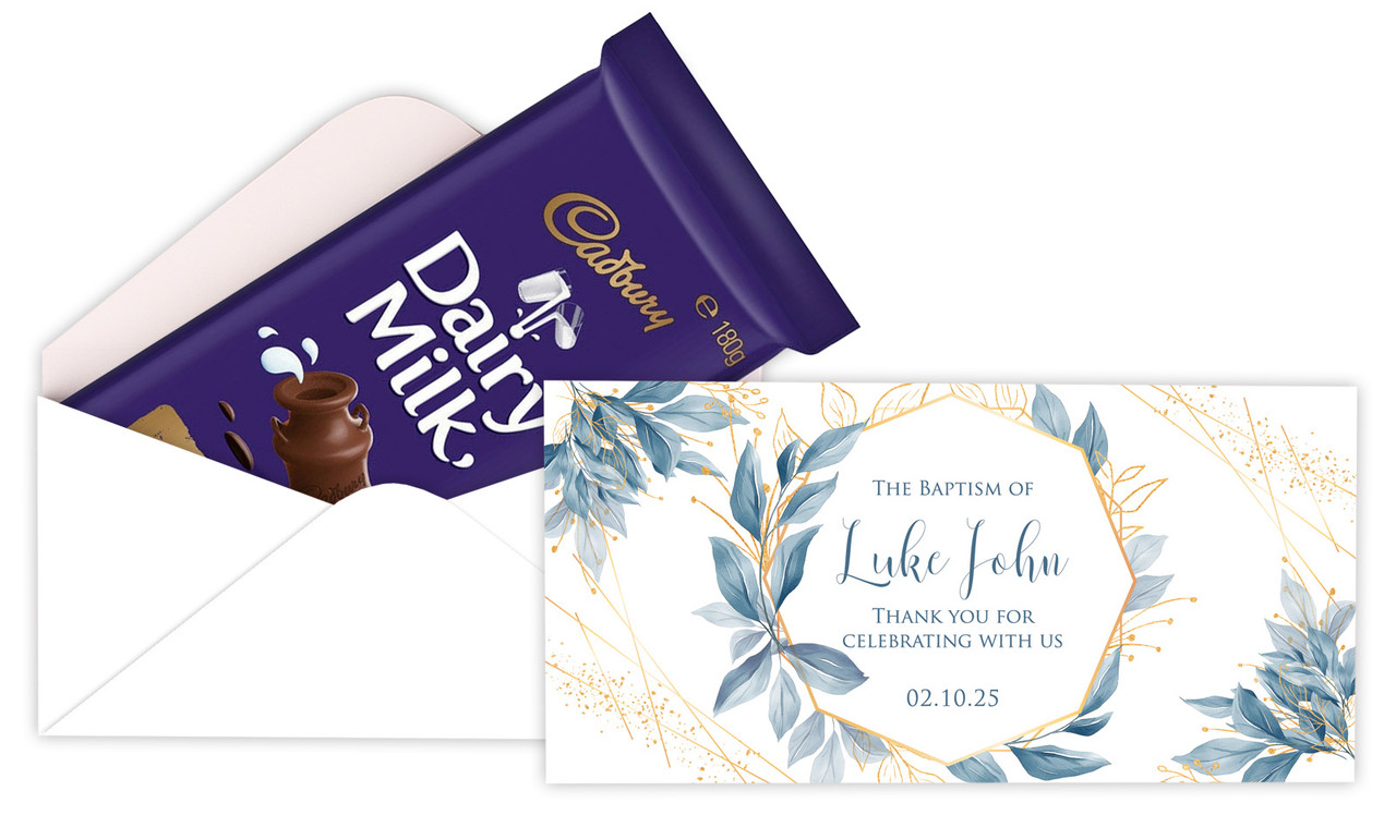 Blue Leaves Personalised Christening Cadbury Bar Box (Box Only)