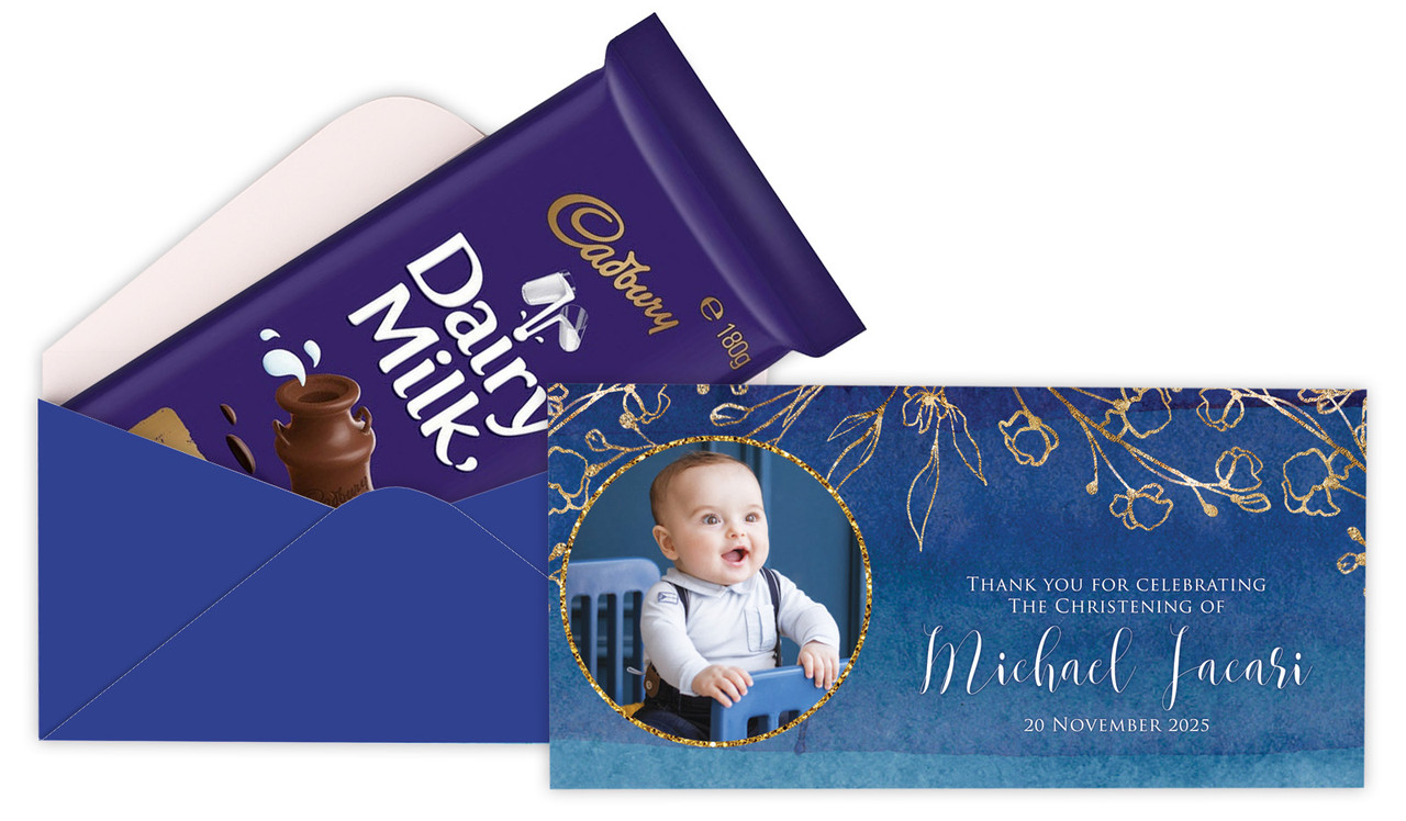 Navy Gold Photo Custom Christening Cadbury Bar Box (Box Only)