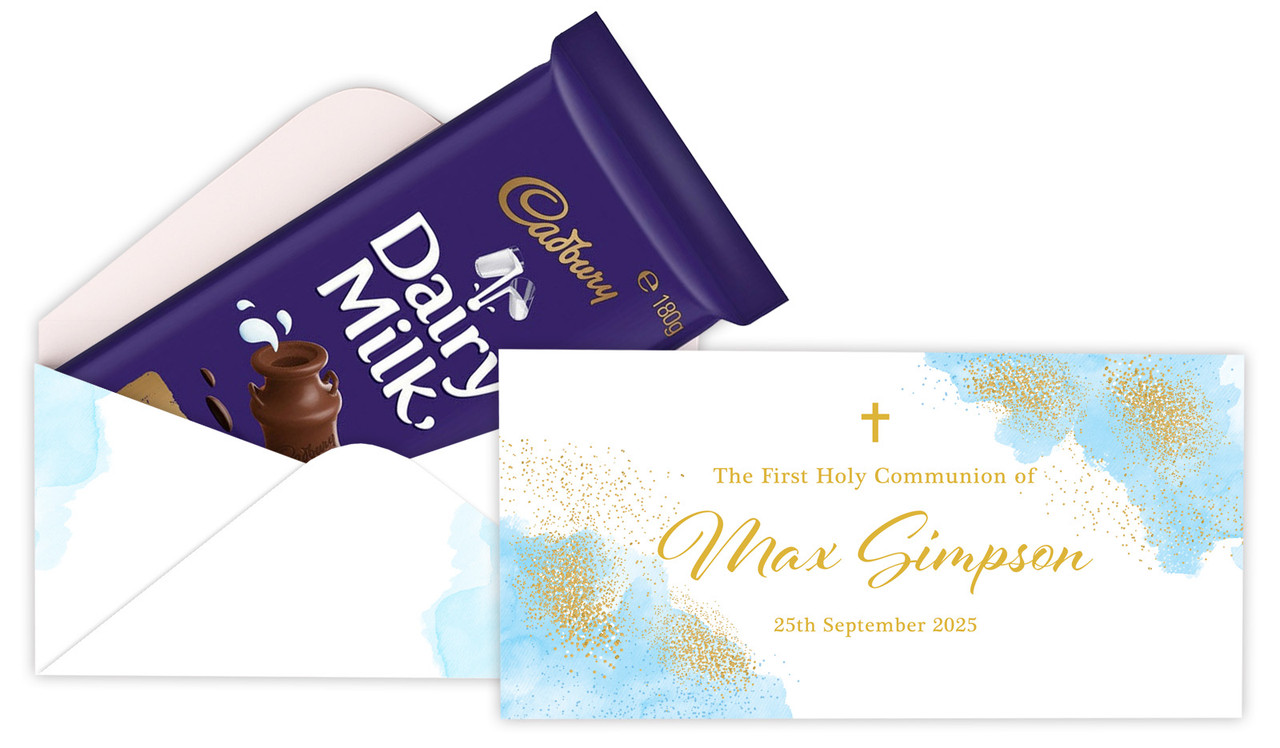 Gold Sparkle on Blue Communion Personalised Cadbury Bar Box