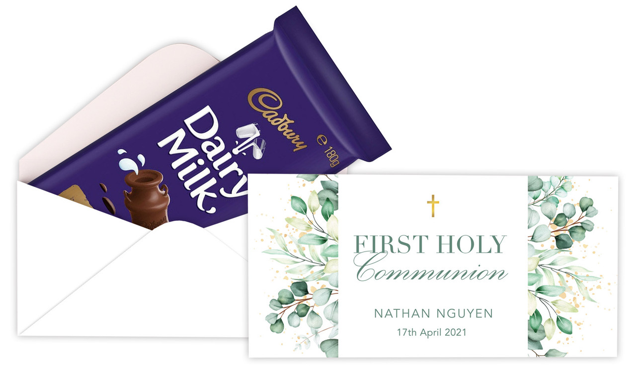 Eucalyptus Watercolour Communion Personalised Cadbury Bar Box (Box Only)