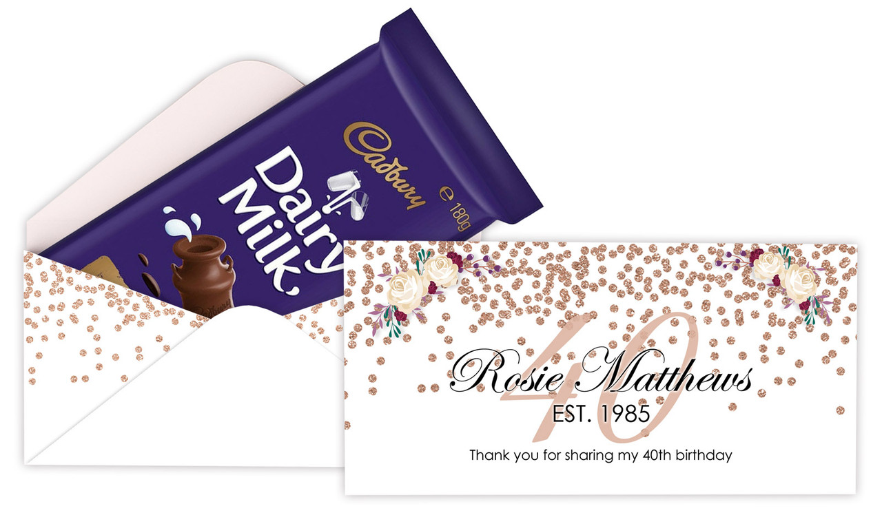 40th Rose Gold Confetti Personalised Birthday Cadbury Bar Box (Box Only)