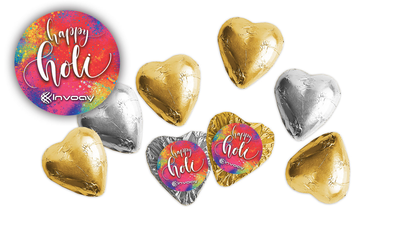 Red Branded Holi Custom Foil Chocolate Hearts