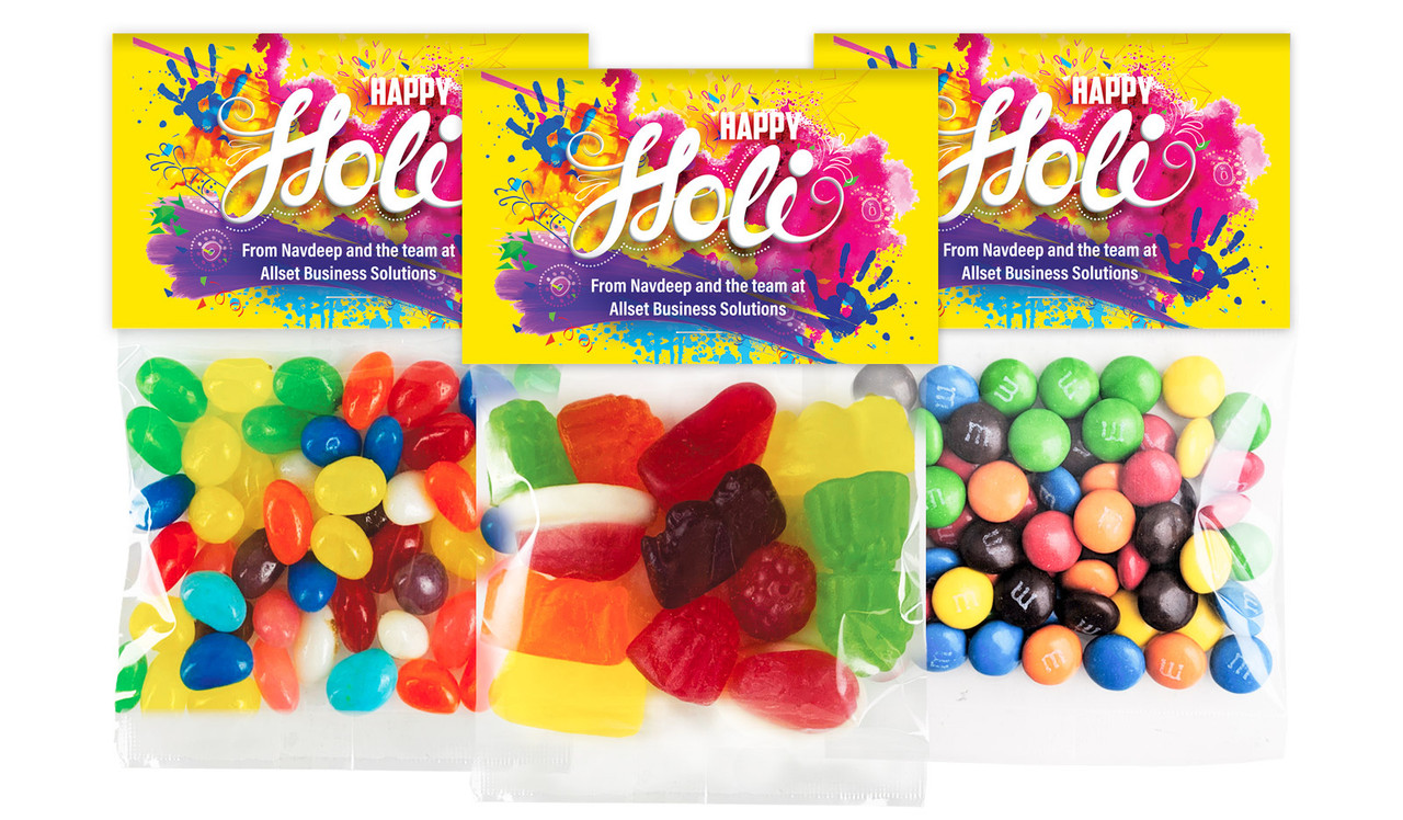 Yellow Branded Holi Custom Lolly Bag With Topper