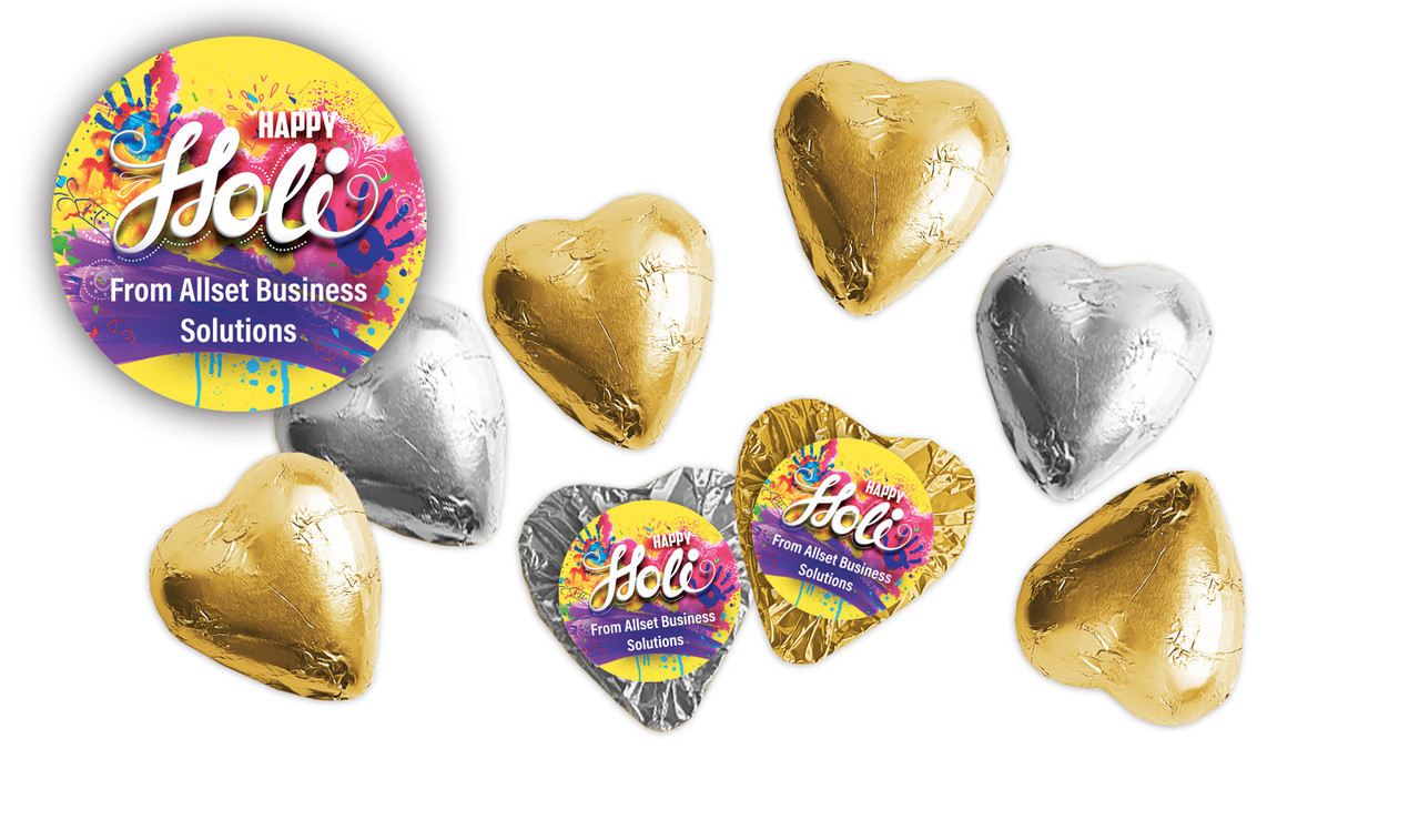 Yellow Branded Holi Custom Foil Chocolate Hearts