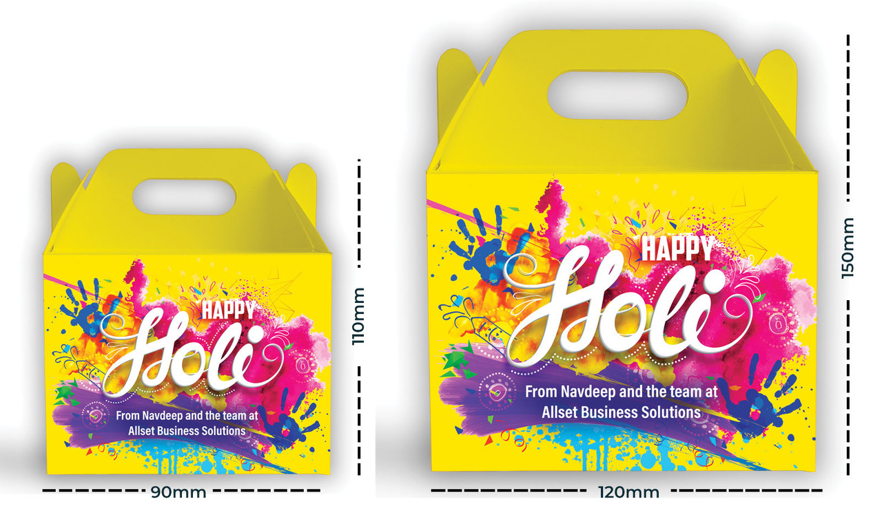 Size difference - Yellow Branded Holi Gable Favour Box
