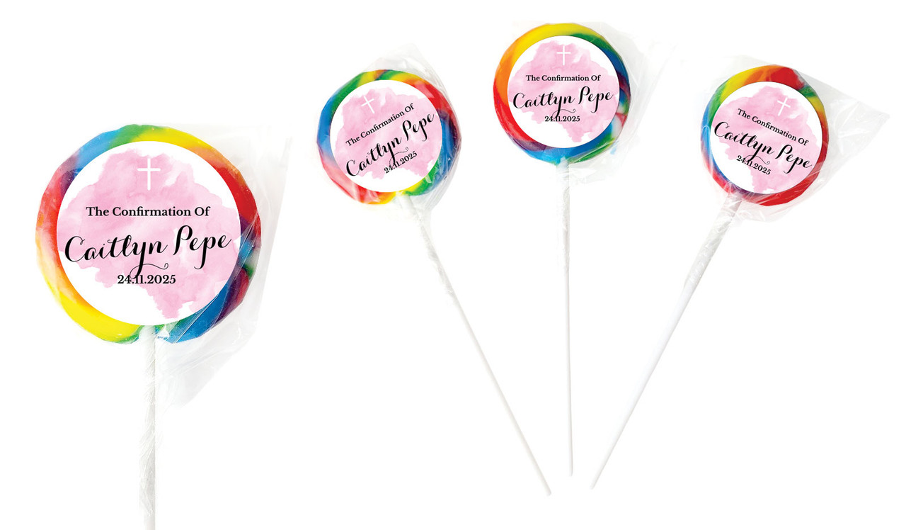 A Splash Of Watercolour Pink Confirmation Personalised Lollipops