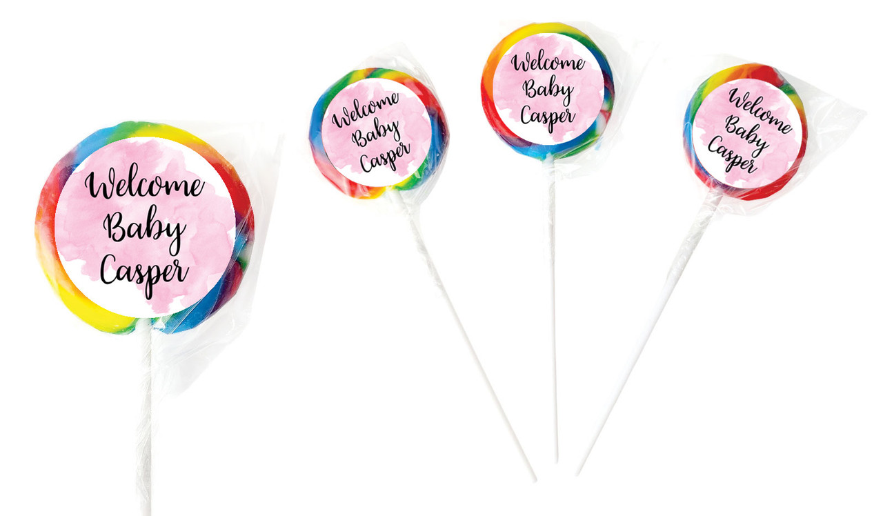 A Splash Of Watercolour Pink Birth Announcement Lollipops