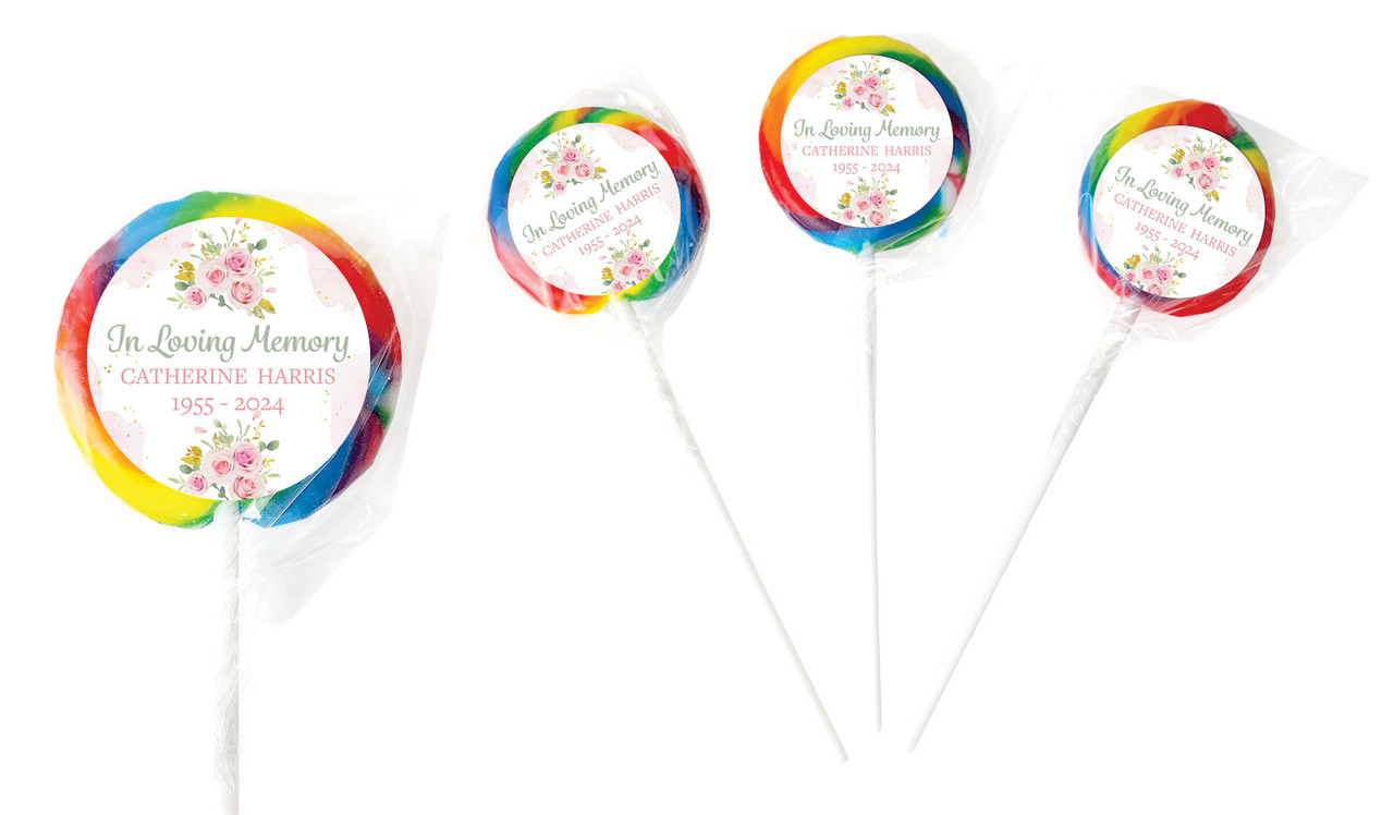 Pink Floral Funeral Personalised Lollipops
