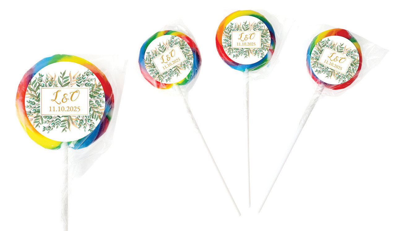 Leaves On Gold Personalised Wedding Lollipops