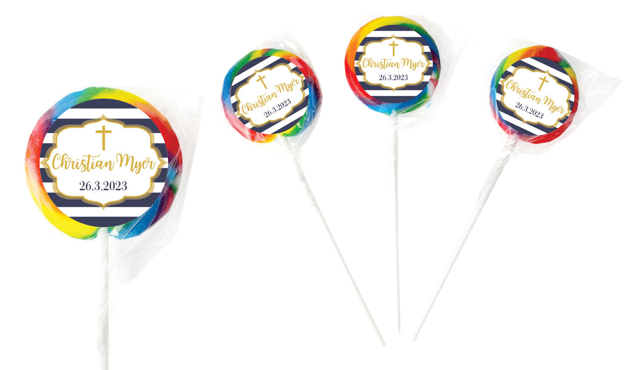 Bold Stripe And Gold Personalised Christening Lollipop