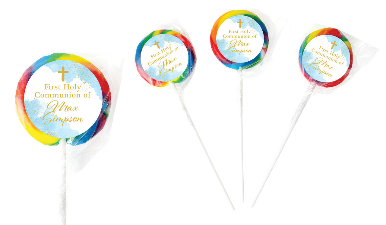 Gold Sparkle on Blue Communion Personalised Lollipops