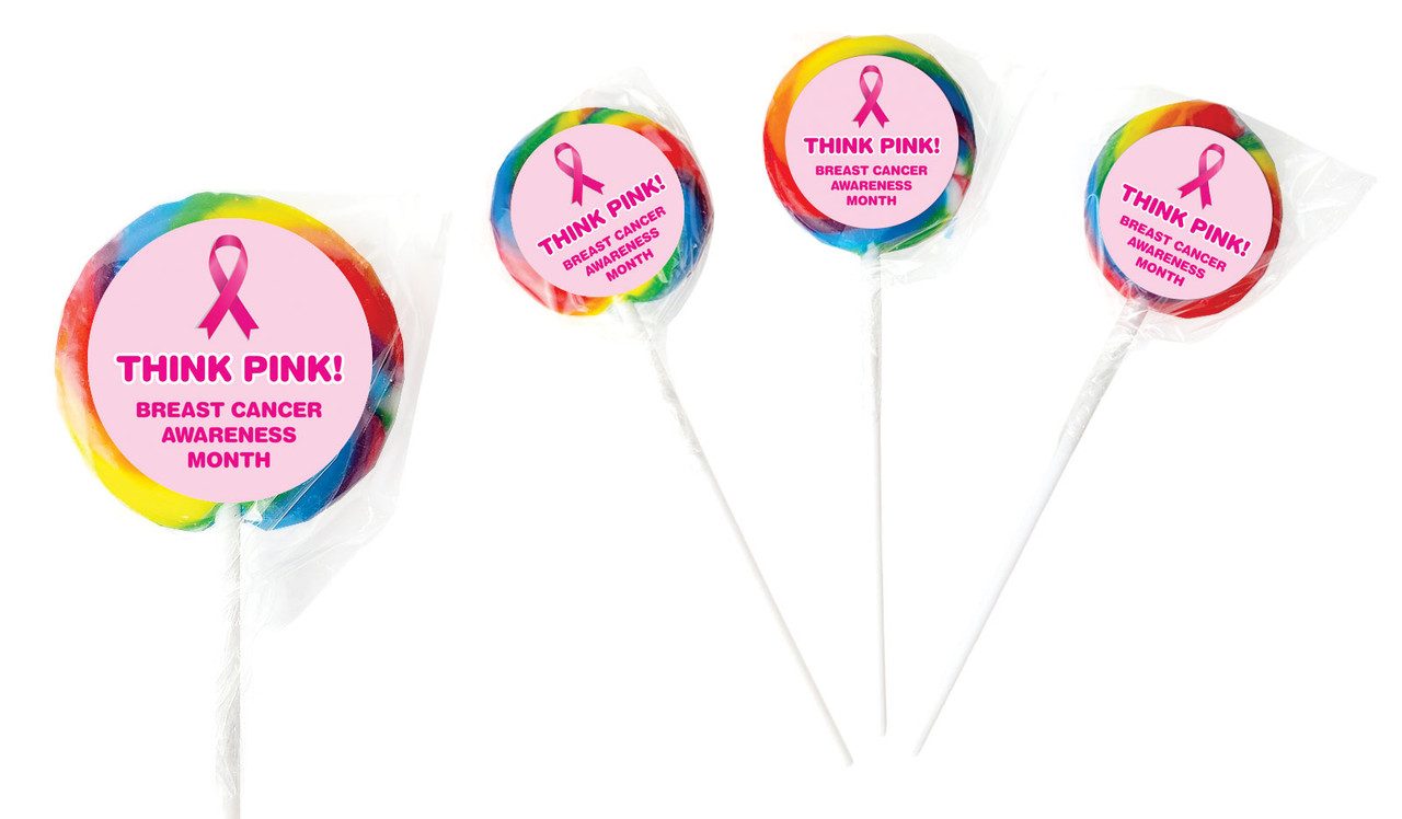Pink Ribbon Cancer Awareness 4cm Custom Rainbow Lollipops