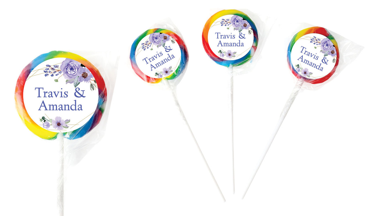 Violets On Gold Frame Wedding Personalised Lollipops