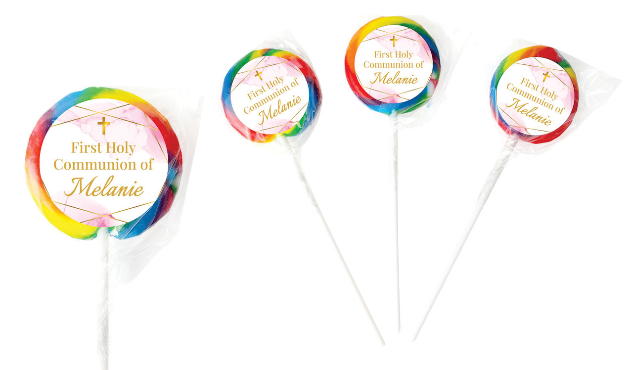 Pink Watercolour with Gold Communion Personalised Lollipops