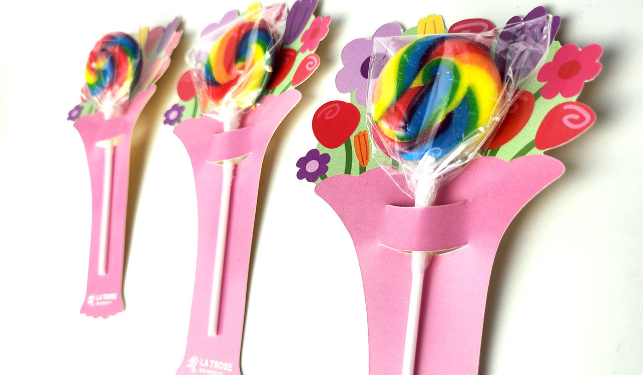 Perspective view of Flower Arrangement Pop Holders With Rainbow Lollipop