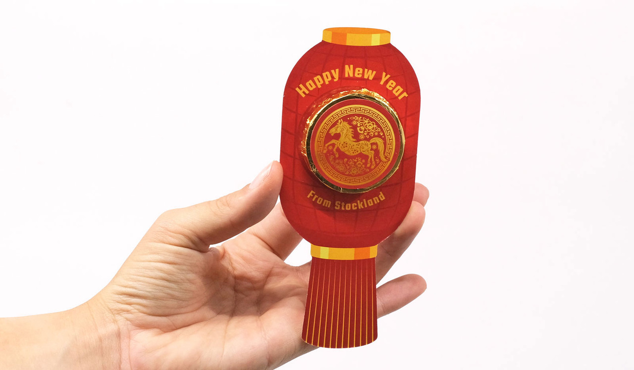 Model holding Chinese New Year lantern card