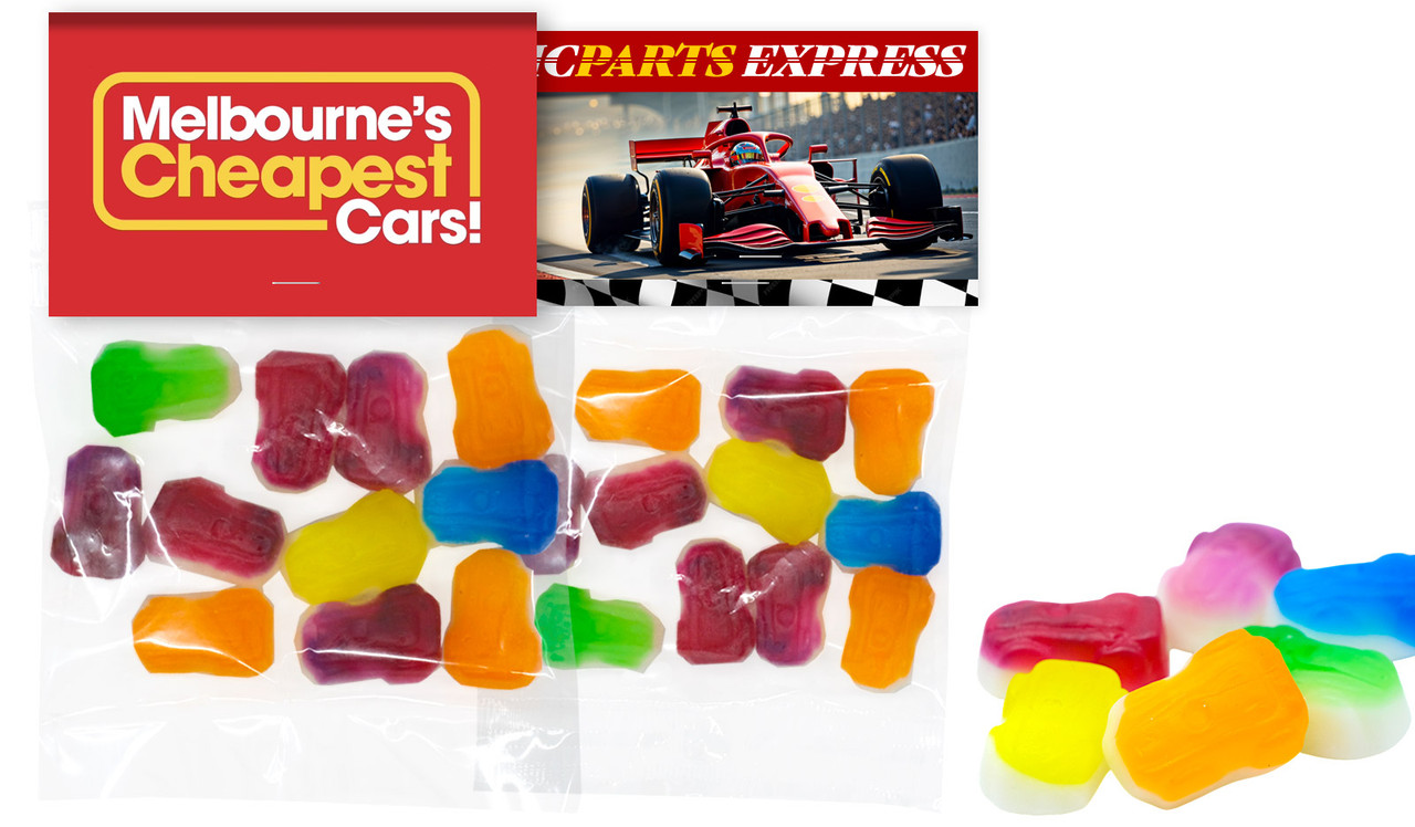 Branded Lolly Bag Topper With Racing Car Lollies