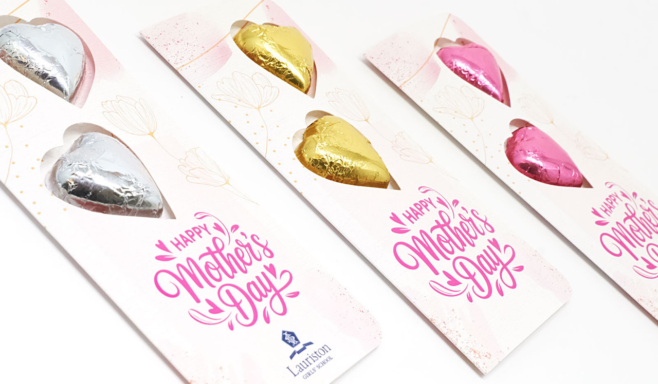 Side perspective of Duo Heart Card For Mothers Day With Chocolate Hearts