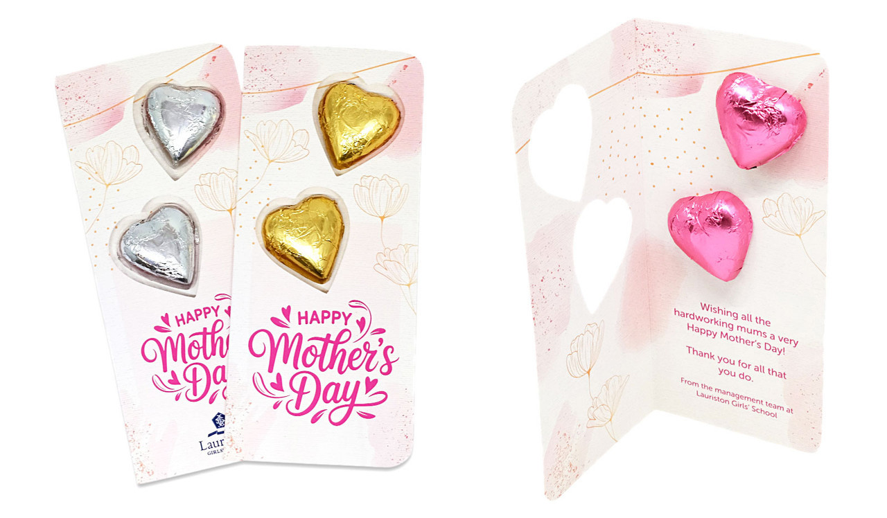 Duo Heart Card for Mother's Day With Chocolate Hearts