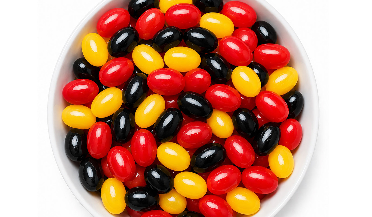 Red, black and yellow jelly beans
