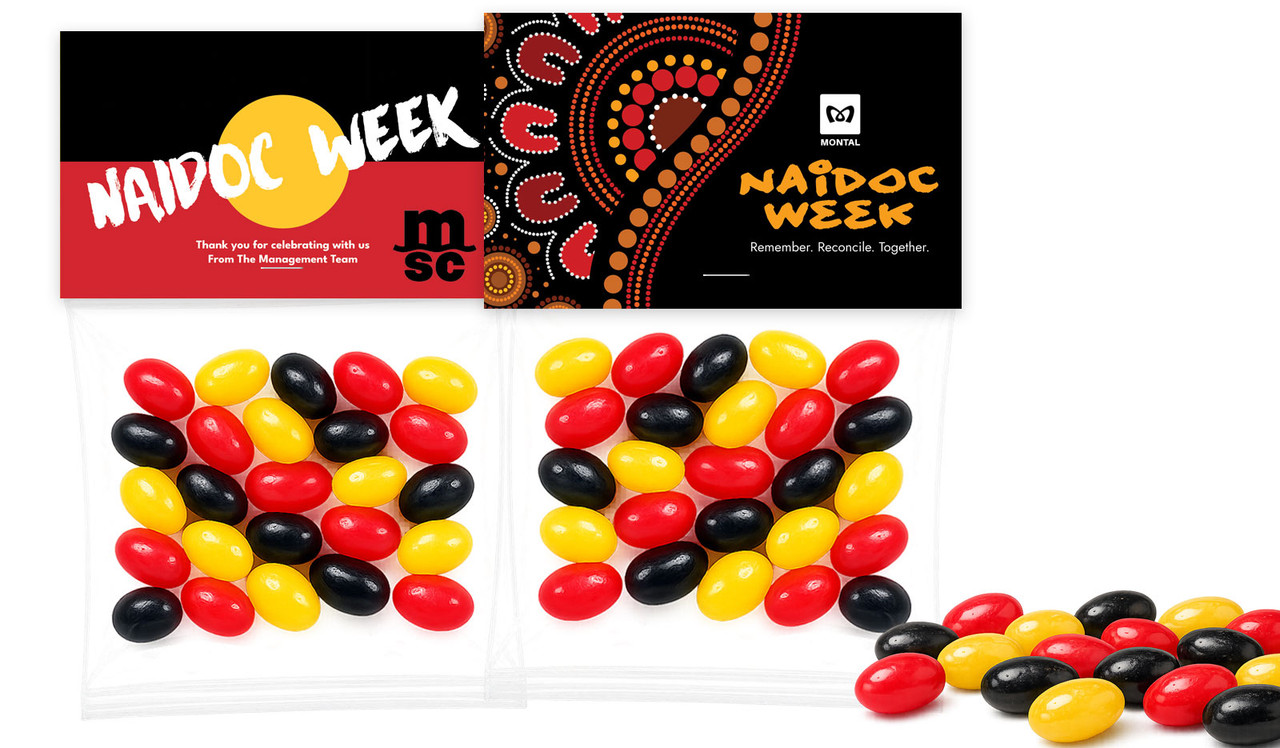 Aboriginal Flag NAIDOC Branded 50g Jelly Bean Bag With Topper