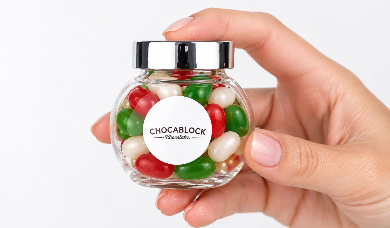 Model holding candy jar for sizing reference