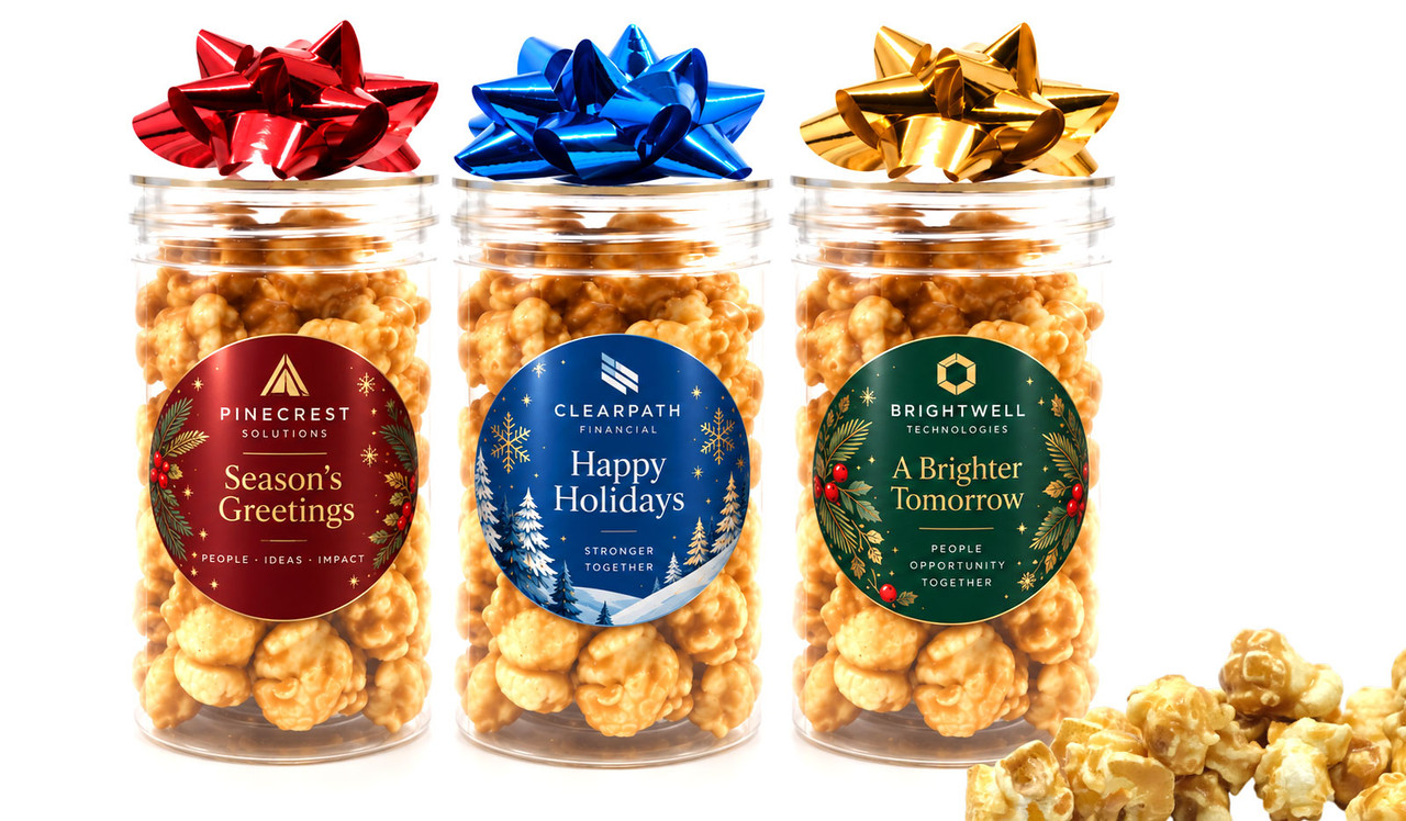 Christmas Branded Long Lolly Jar Filled With Caramel Popcorn