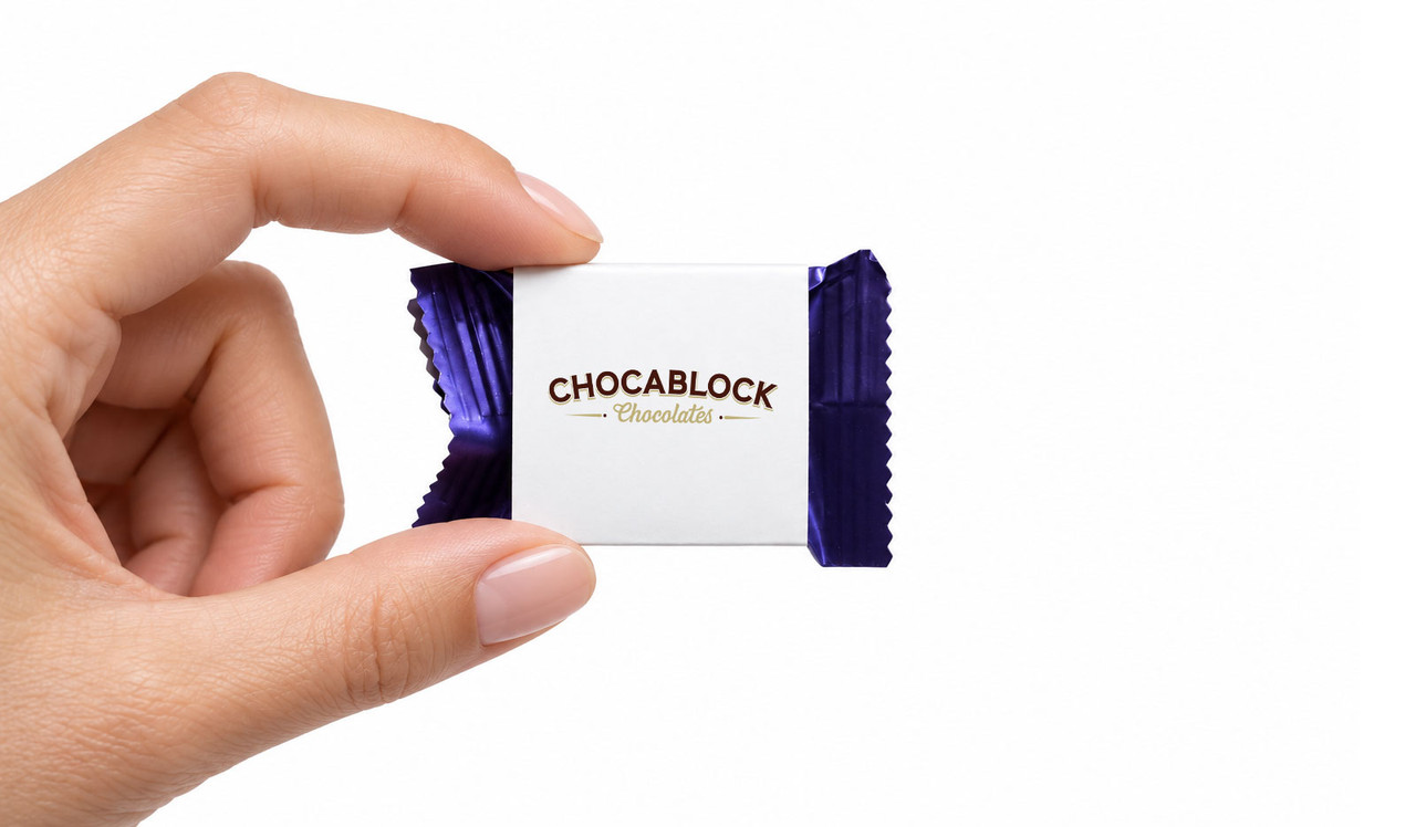 Model holding chocolates for sizing purposes