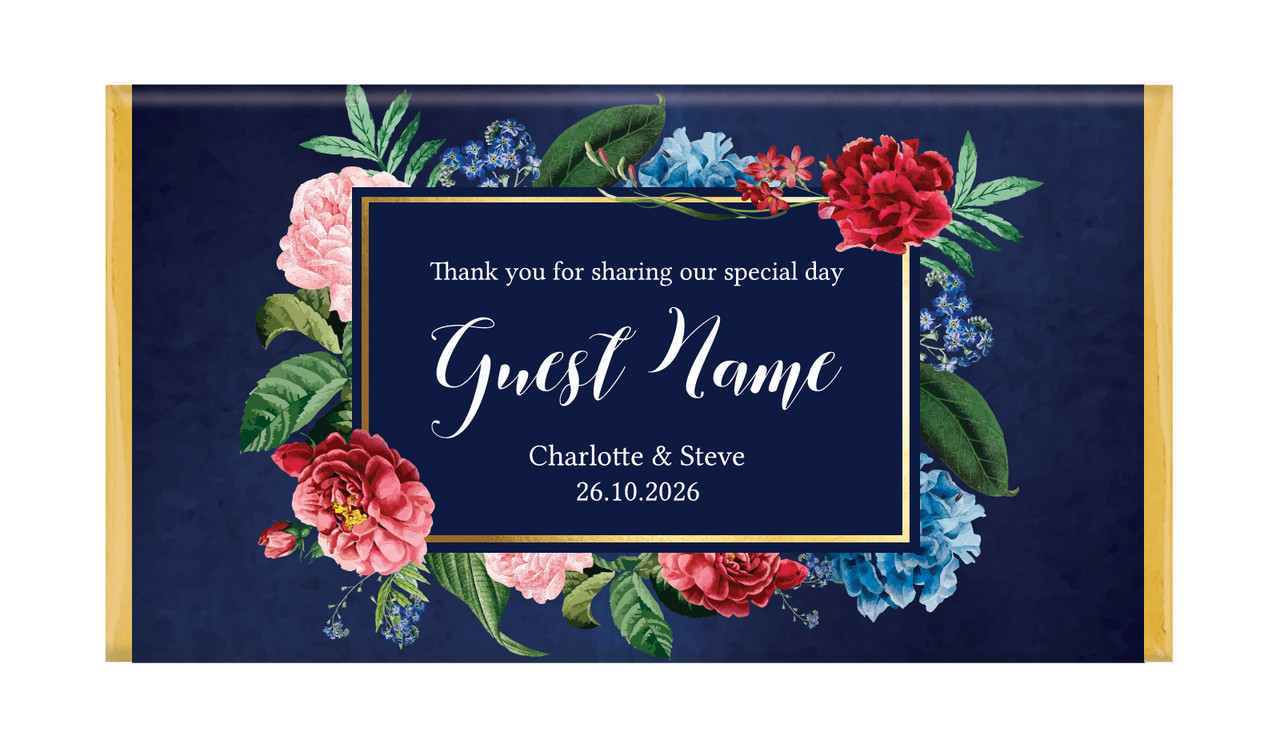 Floral Frame On Navy Personalised Wedding Chocolate Bars
