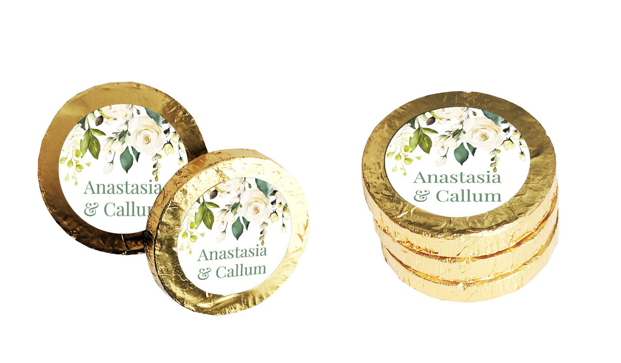 White Roses Hanging Personalised Wedding Chocolate Coins