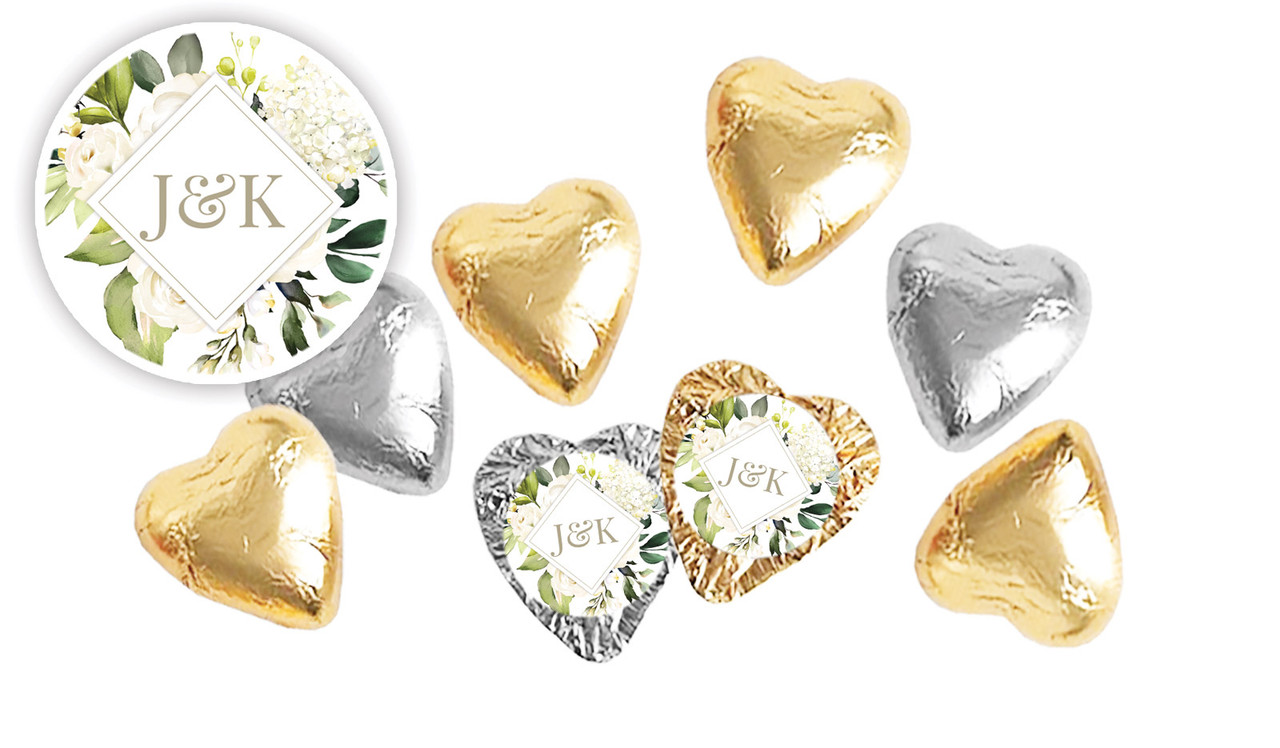 Diamond On White Roses Personalised Foil Chocolate Hearts